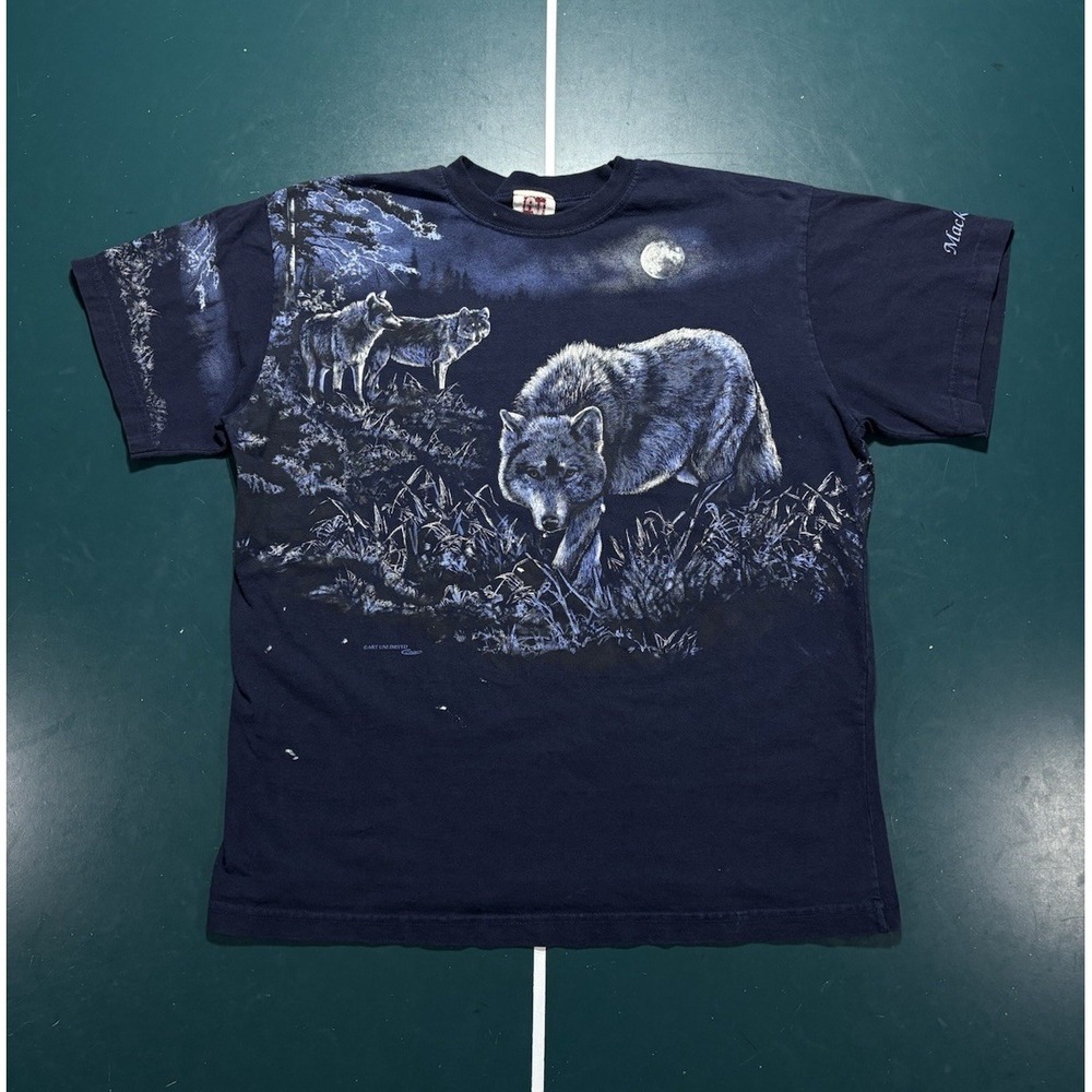 Vintage Art Unlimited Wolf Pack T Shirt Men's XL Moon Wolves Wrap Around AOP 90s